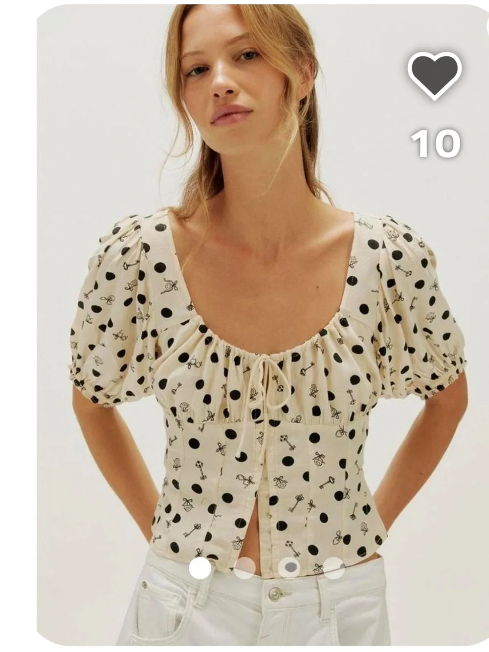 Free People Cream Puff-Sleeve Polka Dot Tie-Front Top